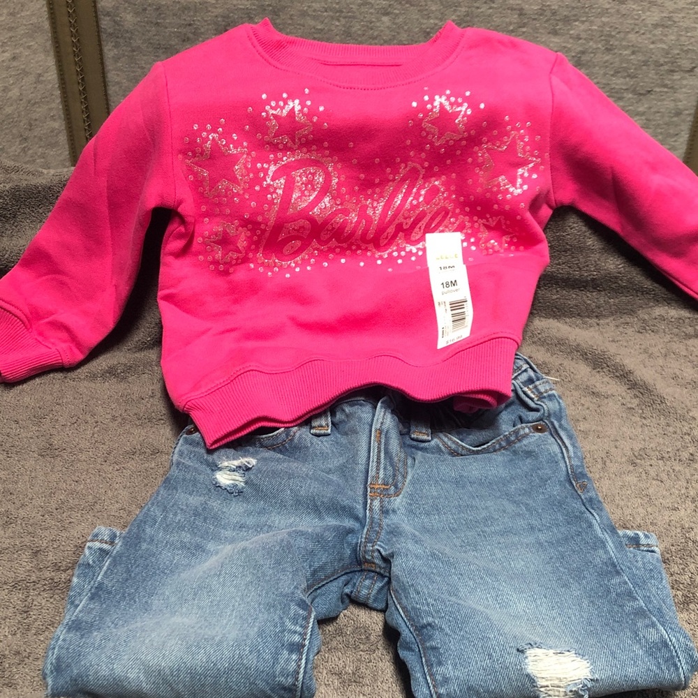 Pink Barbie Sweatshirt and Blue Jeans Set NWT
